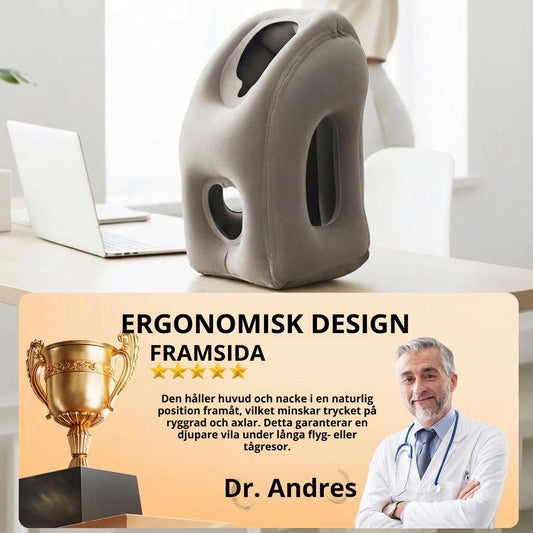 Bärbar uppblåsbar ergonomisk resekudde – 360° nackstöd & 45° perfekt vinkel för resan 💤