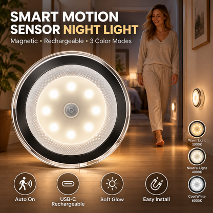 🎁 LED-nattlampa med rörelsesensor och magnetfäste. En laddning ger tre månaders standbytid.